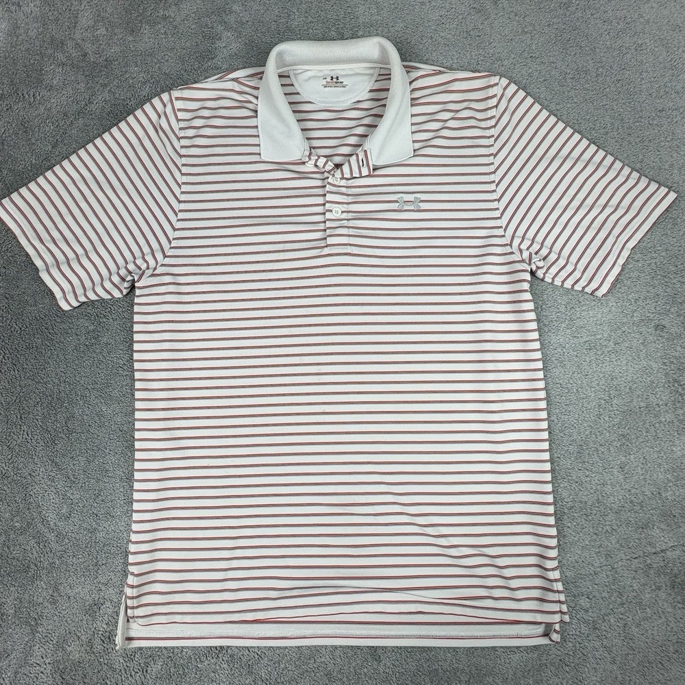 Under Aumour Heat Gear Polo Shirt Men Large Sz Red And Black Striped